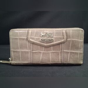 Coach Accordion Madison Gray Crocodile Embossed Leather Zip Around Wallet